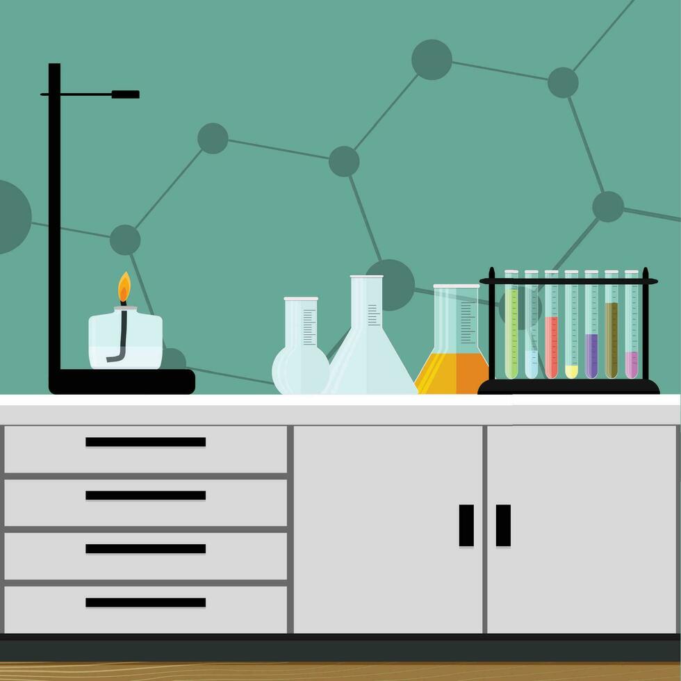 Chem laboratory with colored substances. Medical research equipment, heating reaction. Vector illustration