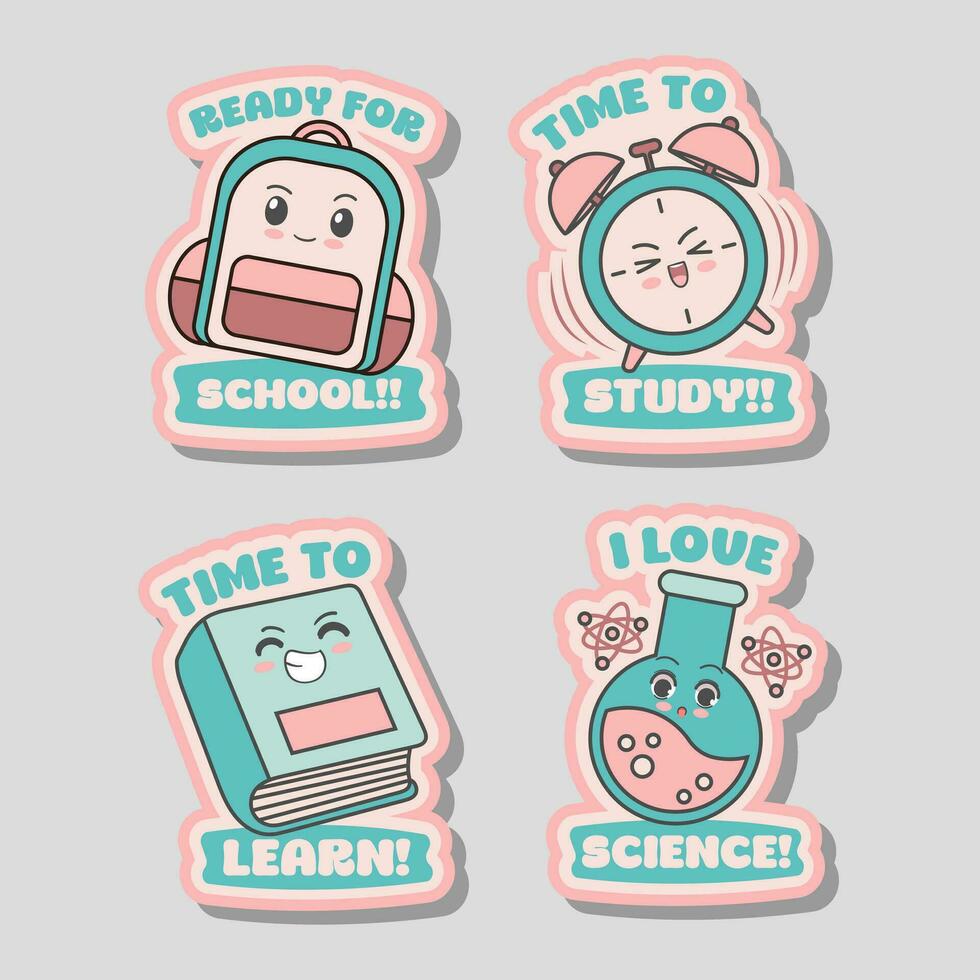 Vector retro back to school vibes with bag book alarm clock science sticker or label or badge set