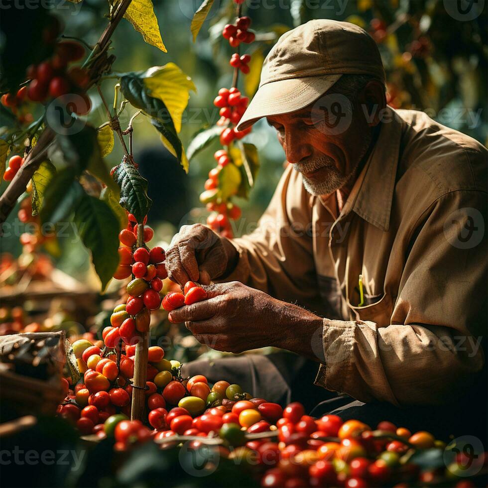 AI generated Coffee harvesting on a Brazilian plantation - AI generated image photo