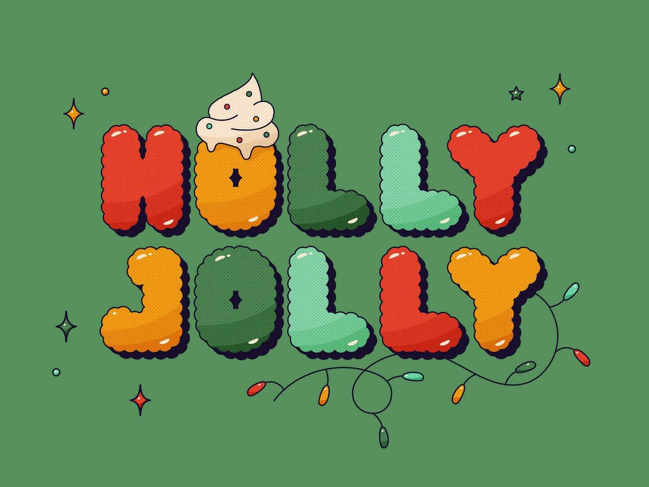 Groovy Christmas halftone Post. Green background with color noel phrase. vector