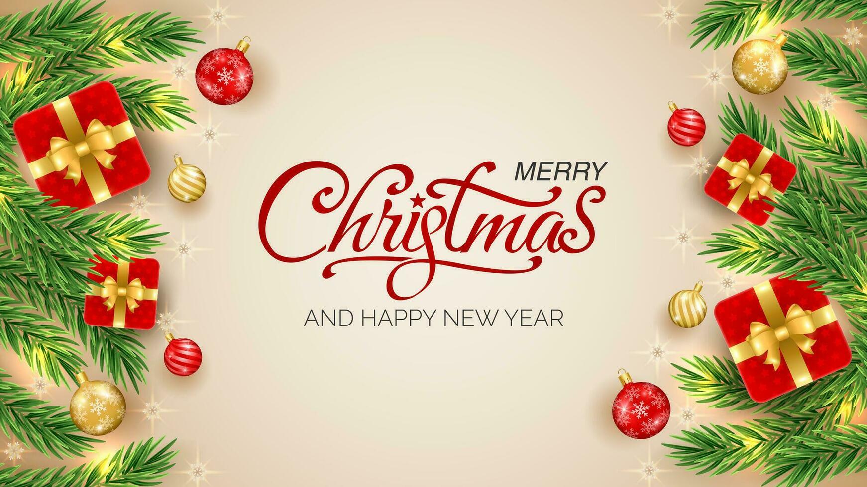 Merry Christmas and Happy New Year greeting background with Christmas branch, balls, snowflakes. For sale, banner, posters, cover design templates, social media wallpaper stories vector