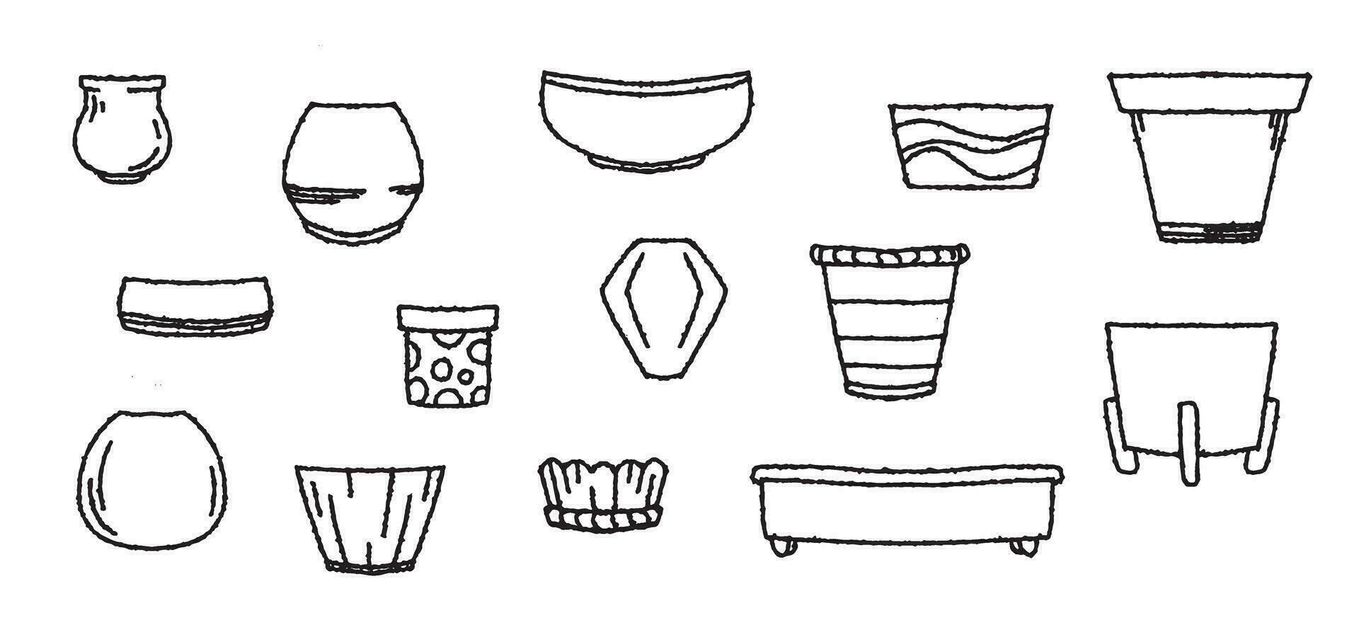 Doodle set of plant pots, sketch vector illustration