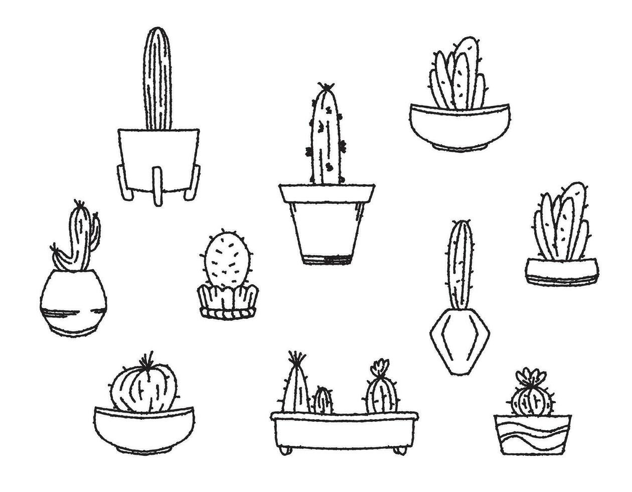 Set of cacti in a doodle pot . Line of exotic plants in the house. Doodle sketch vector