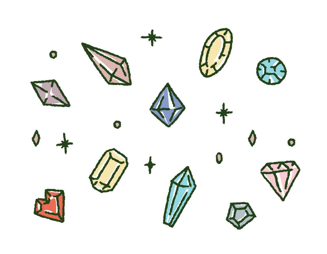 Diamonds set in color hand drawn, line gems. Vector jewelry stones