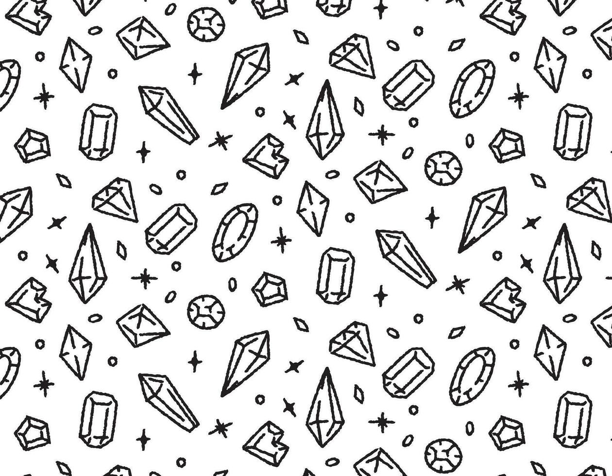 Doodle diamonds pattern in hand drawn color, line gems . Vector jewelry stones
