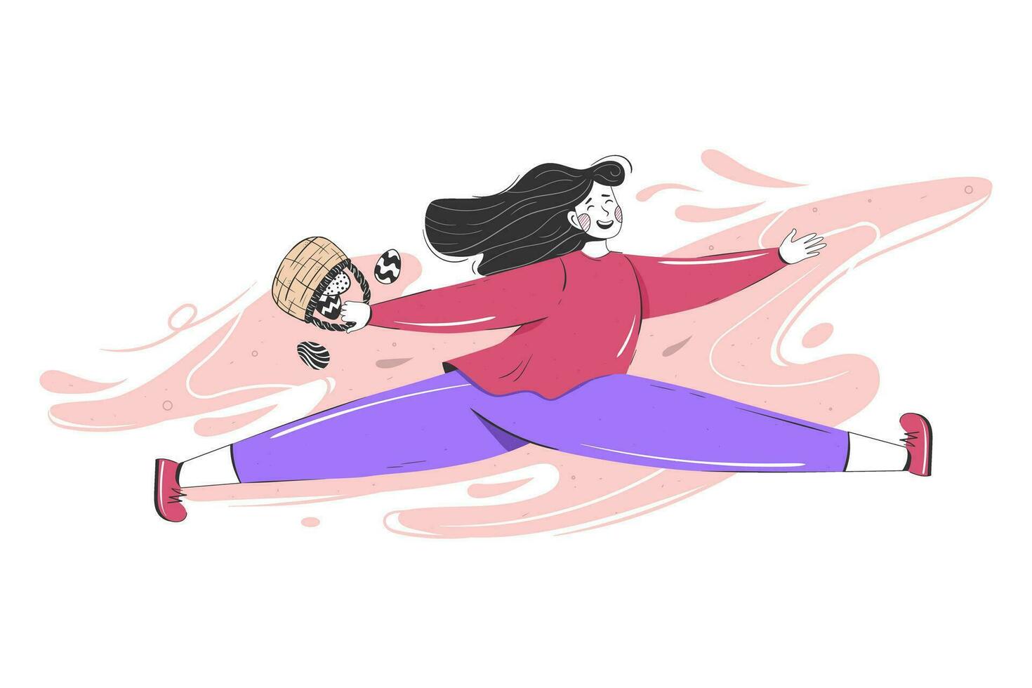 Modern style Easter person. woman runs dynamically with a basket of Easter eggs. Flat holiday character. vector