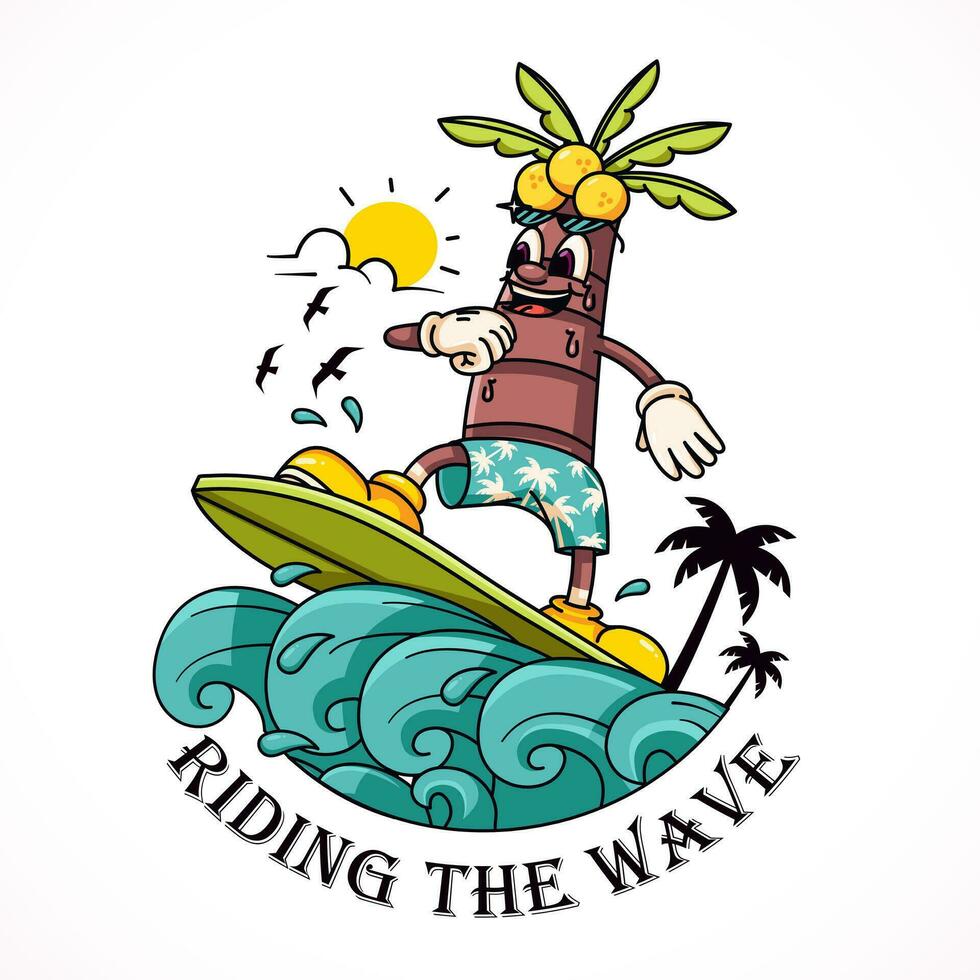 Coconut tree surfing the waves character mascot. Suitable for logos, mascots, t-shirts, stickers and posters vector