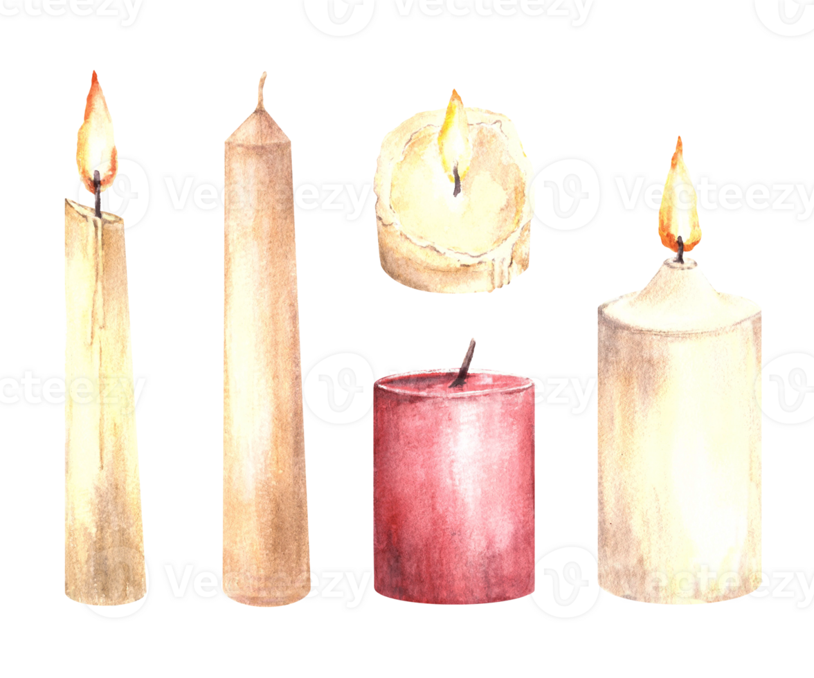 Watercolor set of burning and extinguished white end red wax candles with candlewick Hand drawn illustration. Candlelight clipart for card, interiors, birthday, holiday. png