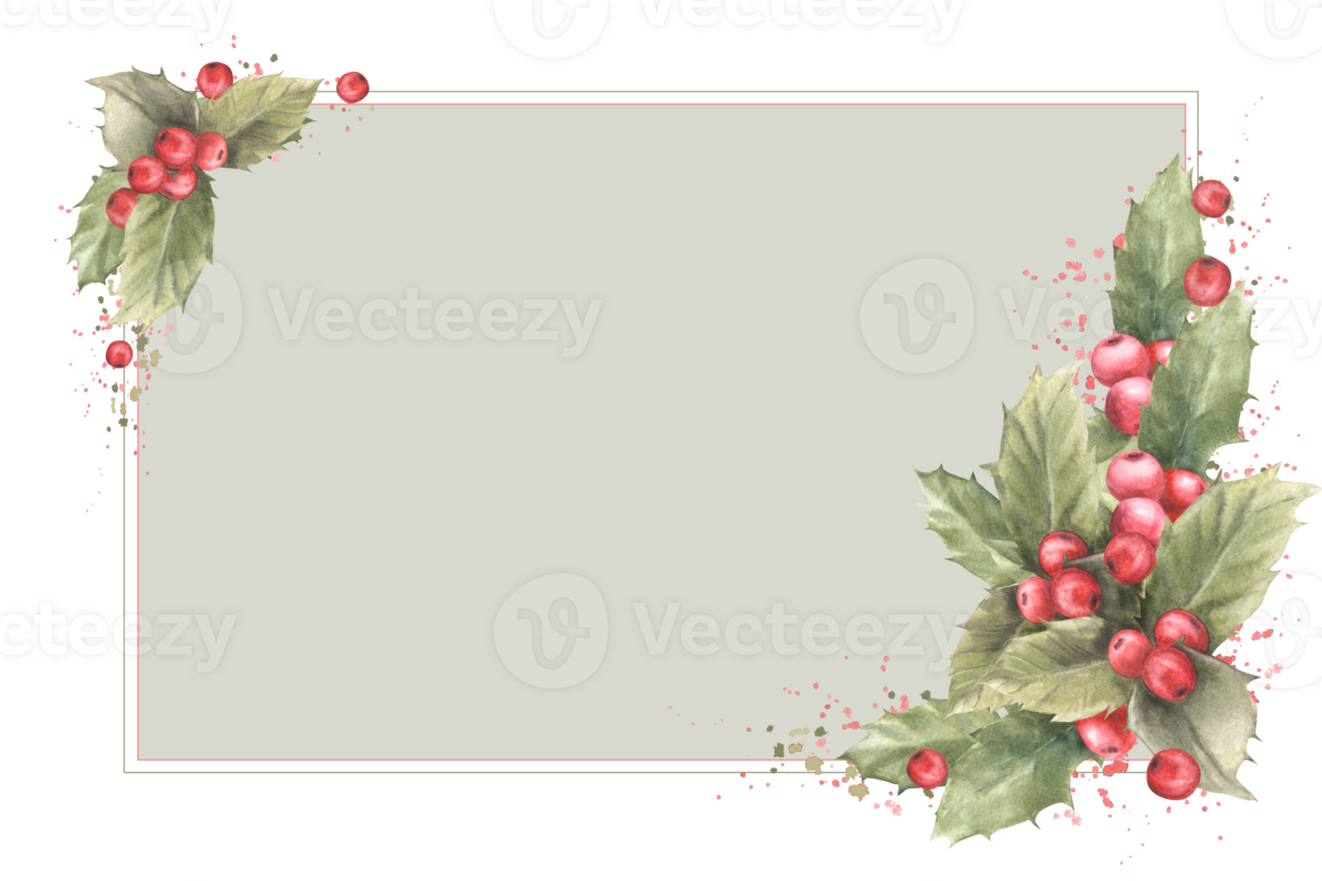 Watercolor painted card of holly leaves and red berries with aquarelle splashes. Traditional plant for Christmas or New Year decor, winter, celebrate card with template. png