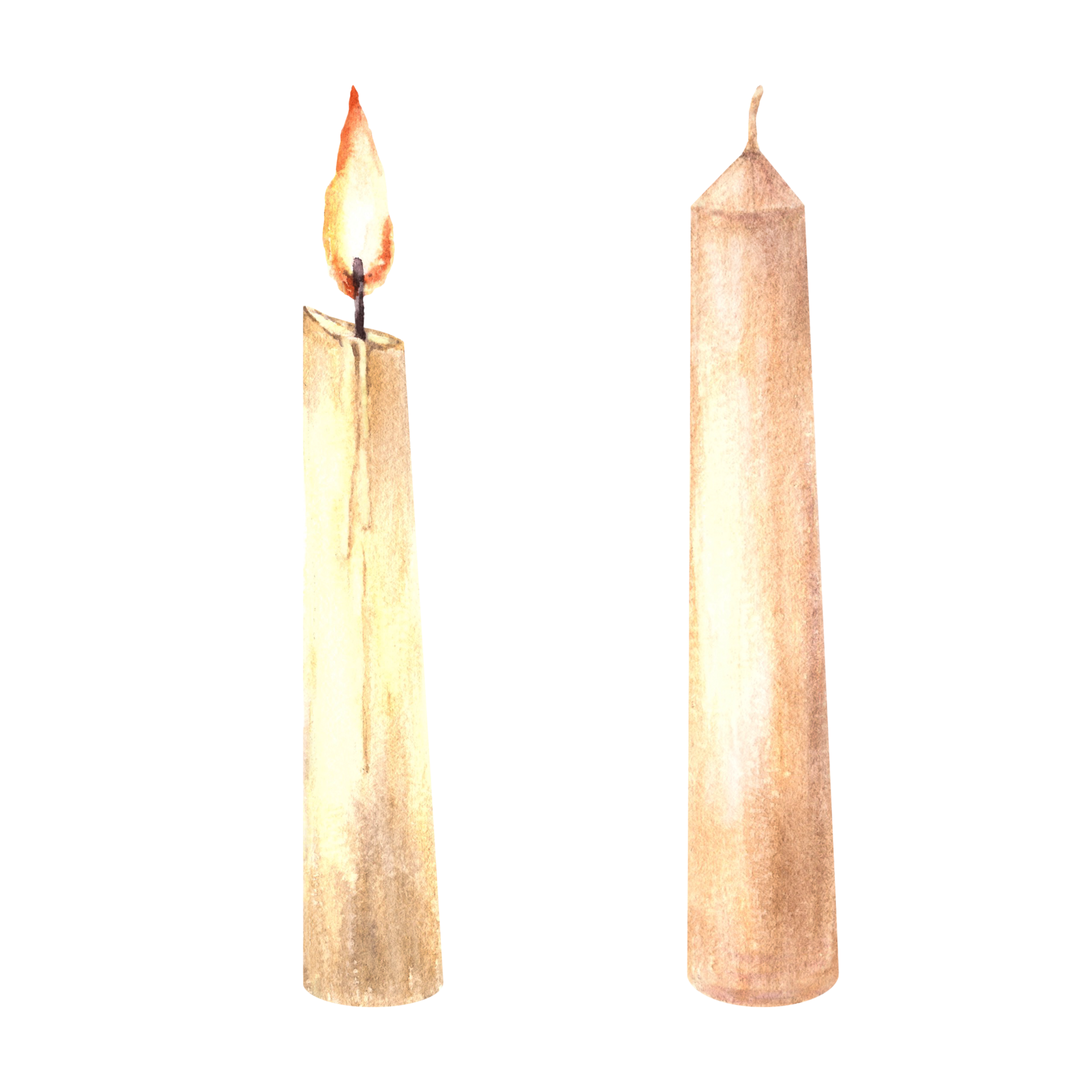 watercolor-set-of-burning-white-beige-wax-candles-with-candlewick-hand