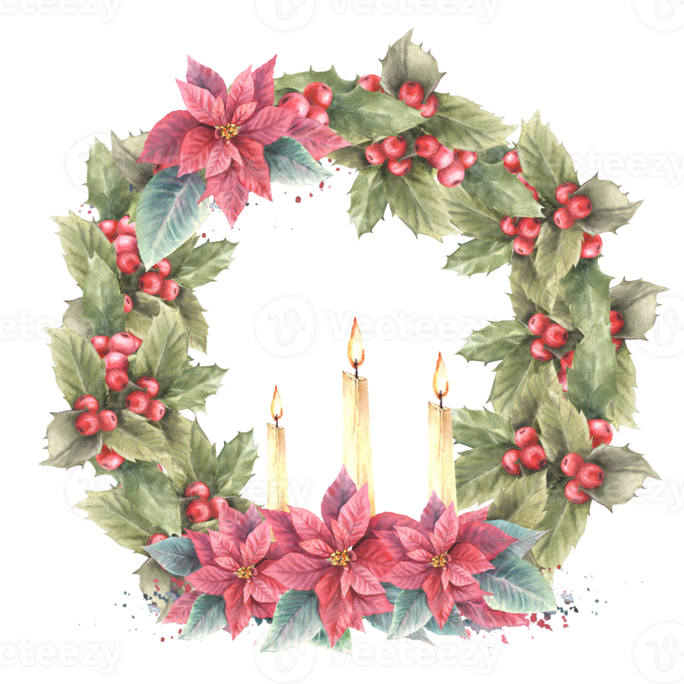 Watercolor painted illustration wreath, frame. Holly berry, poinsettia flowers, leaves and three flaming candle.Template for Christmas, New Year card, winter invitation. png