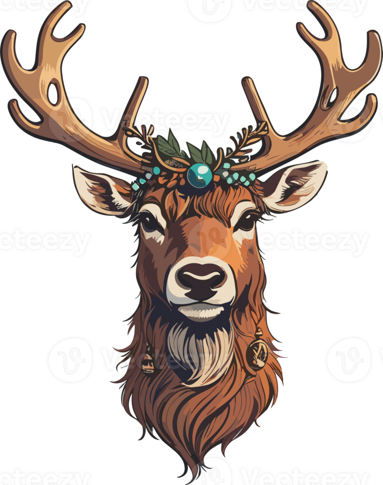 AI generated christmas deer head with decorations on the head png