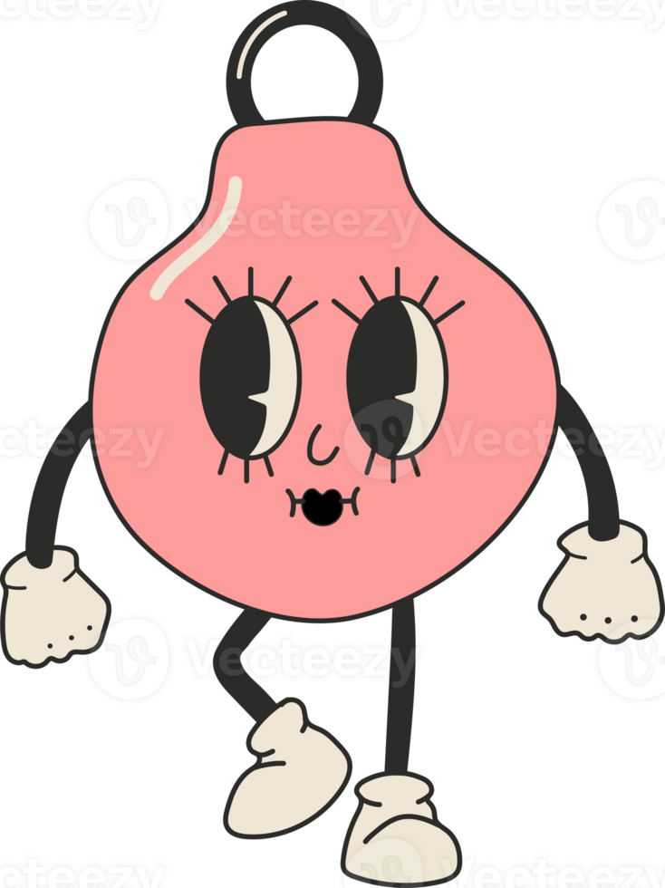 Cute Cartoon christmas ball. Happy and cheerful emotions. Old animation 60s 70s, funny cartoon characters. Trendy illustration in retro style png