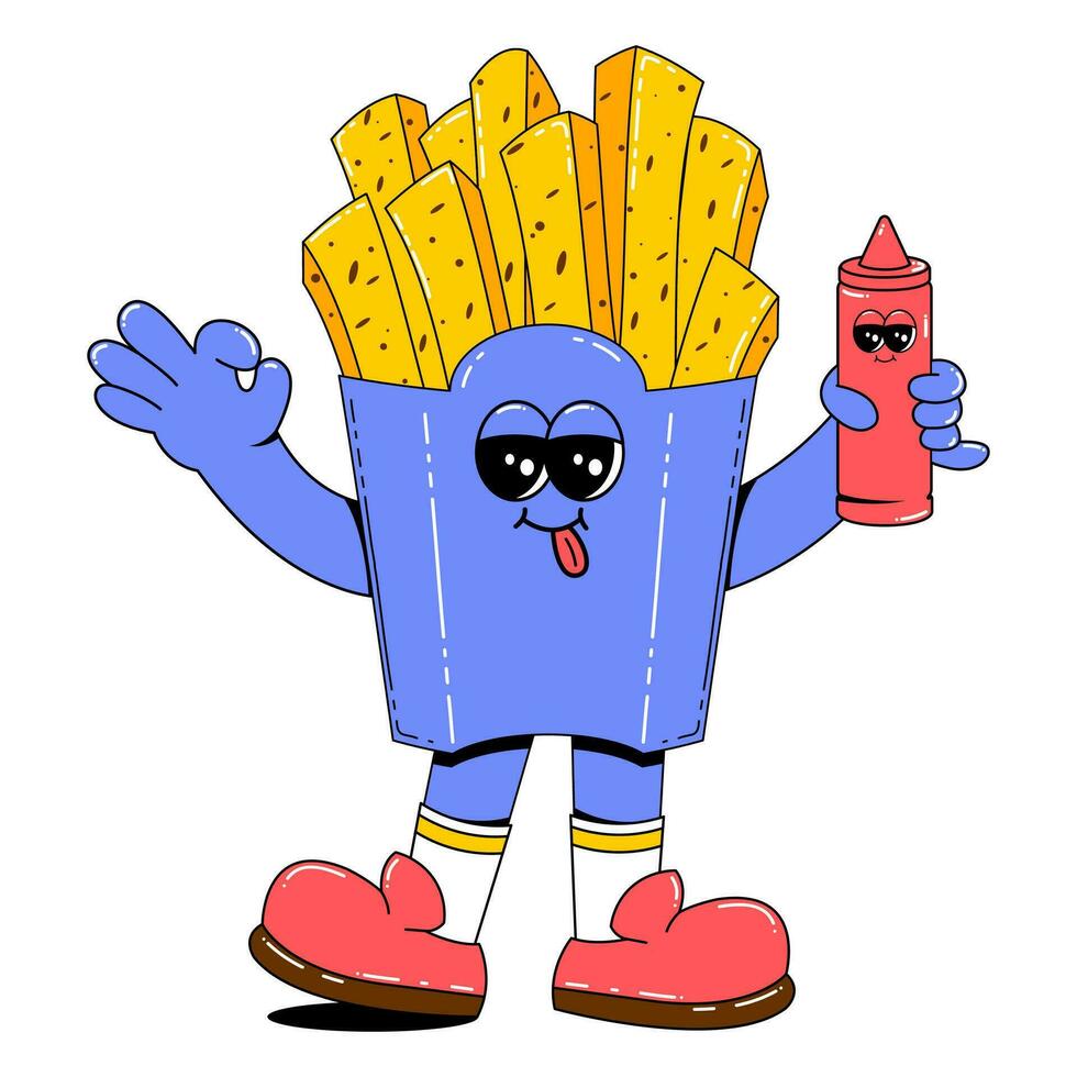 French fries character in retro cartoon style.Vector illustration of fast food with funny face, arms and legs on isolated white background. vector