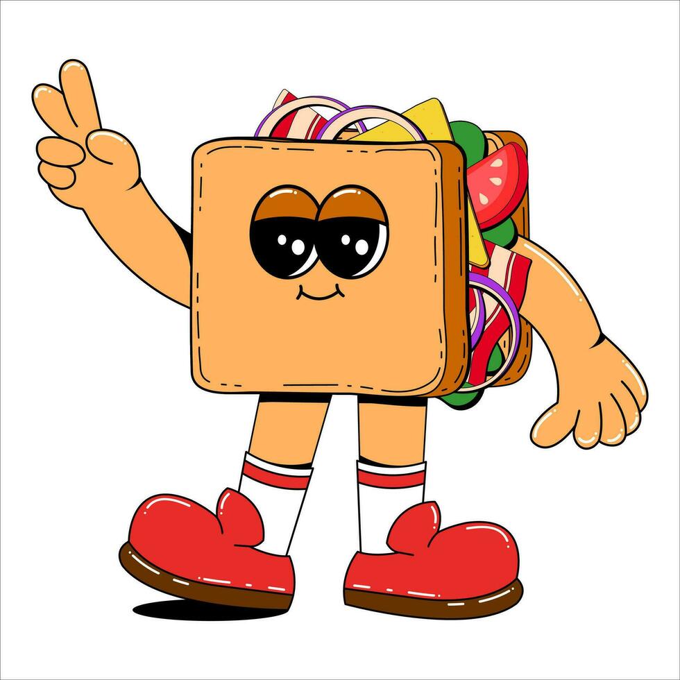 Sandwich character in retro cartoon style. Vector illustration of a cute fast food mascot with arms and legs. Isolated illustration on white background.