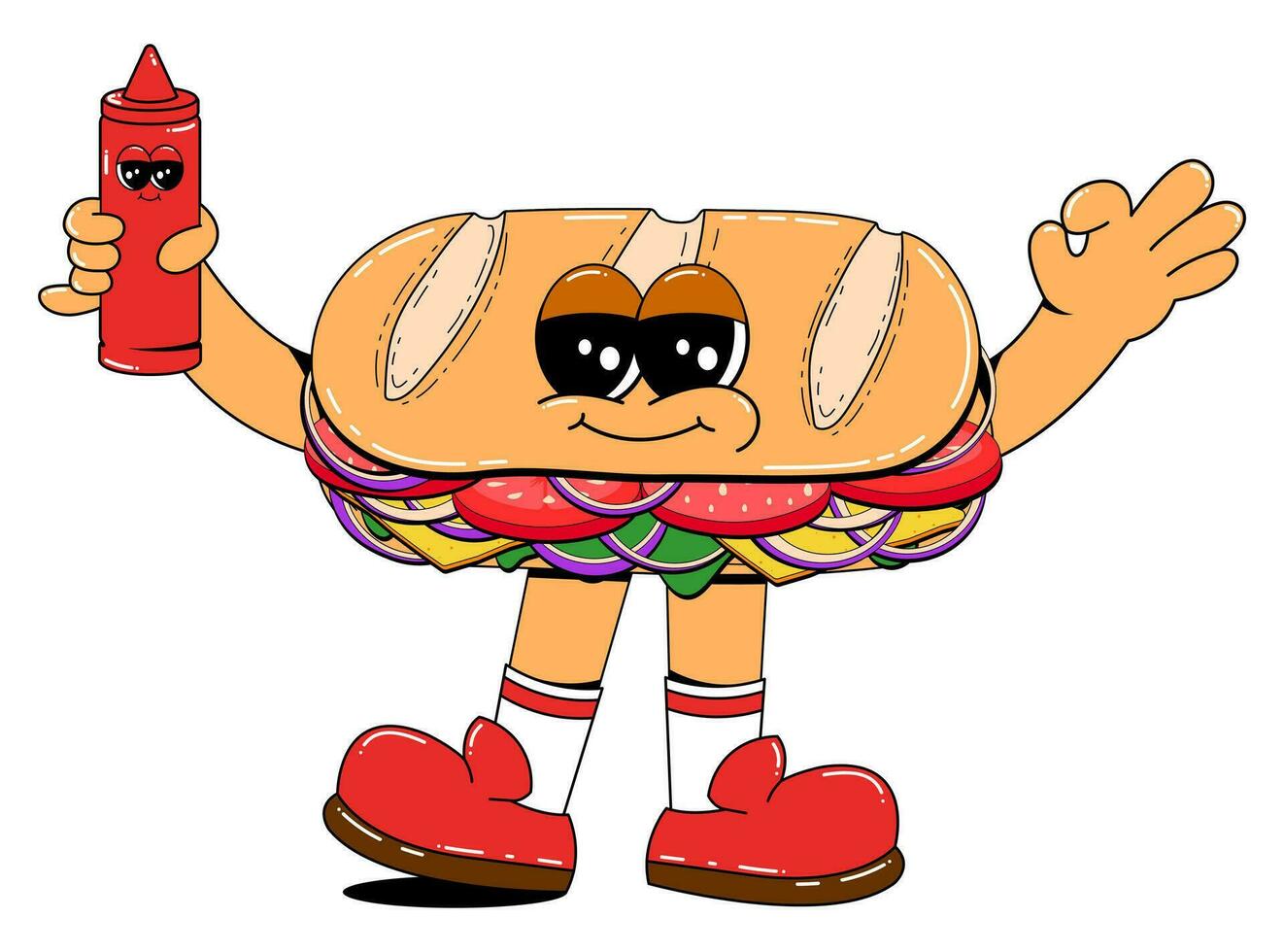 Sandwich character in retro cartoon style. Vector illustration of a cute fast food mascot with arms and legs. Isolated illustration on white background.