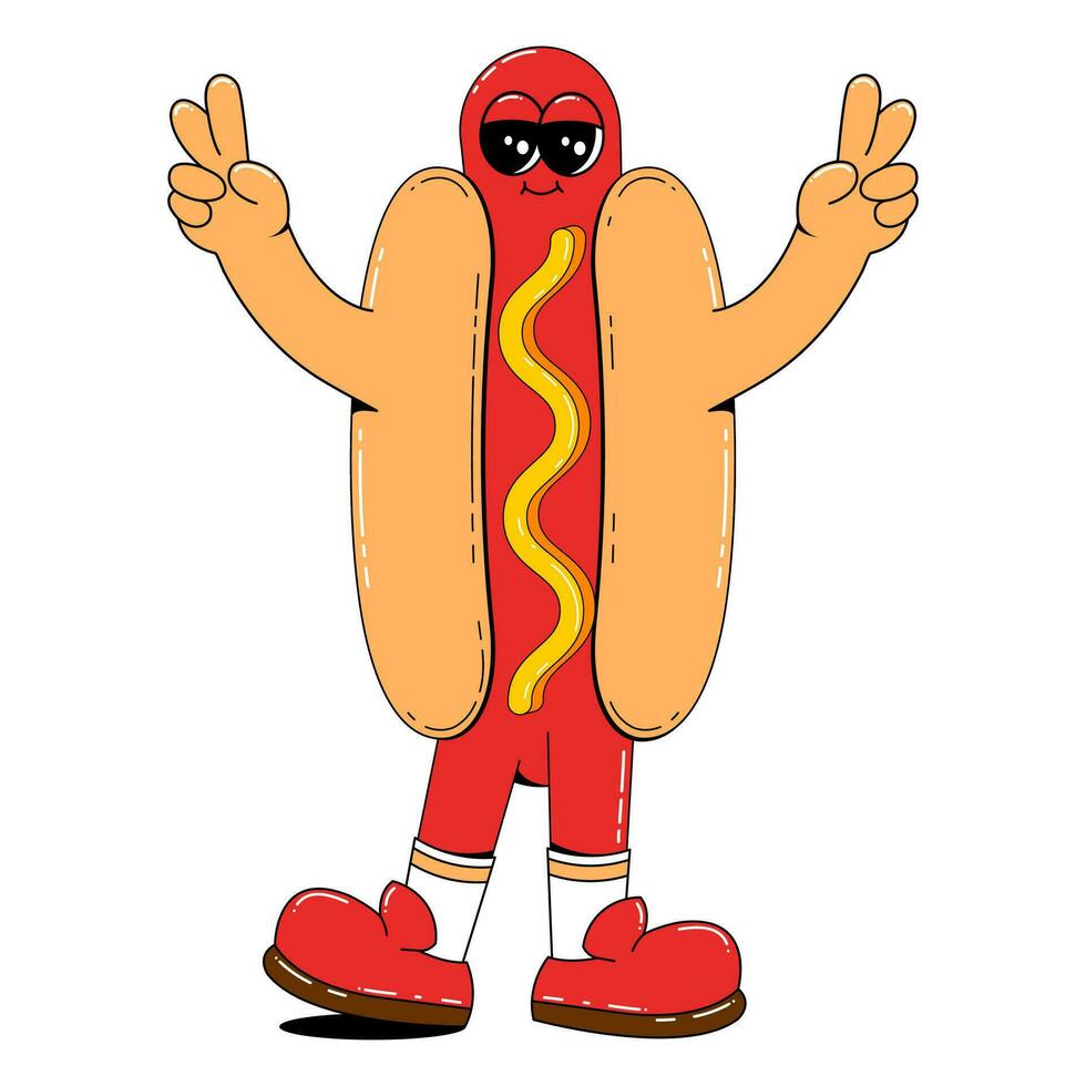 Funny Hot Dog mascot in retro cartoon style. Vector illustration of Sausage with Mustard character on white isolated background.