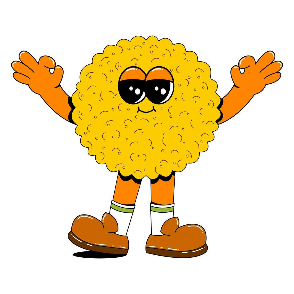 Nuggets character in retro cartoon style. Fast food vector illustration on white isolated background. Nugget with arms, legs and a cheerful face.