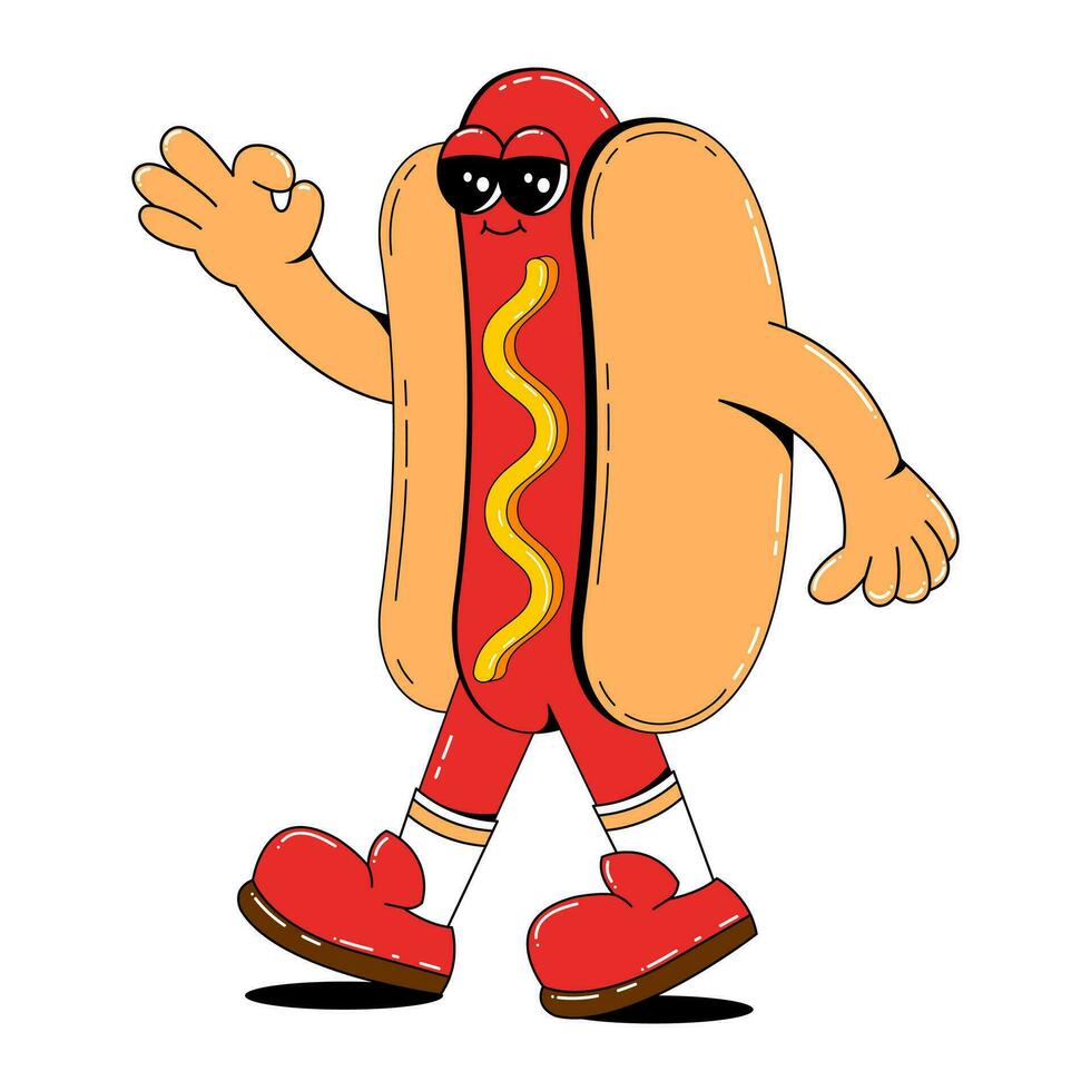 Hot dog character in retro cartoon style. Fast food vector illustration on white isolated background. Hot Dog with arms, legs and a cheerful face.