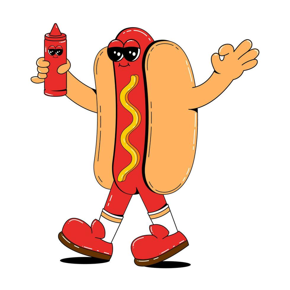 Funny Hot Dog mascot in retro cartoon style. Vector illustration of Sausage with Mustard character on white isolated background.