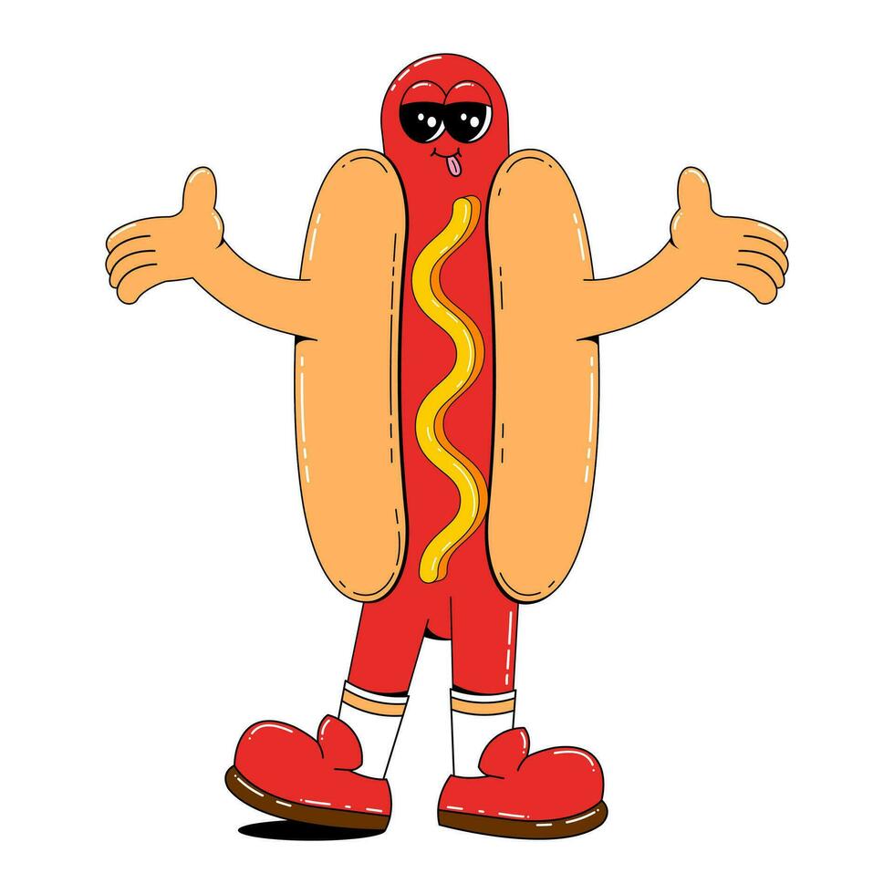 Hot dog character in retro cartoon style. Fast food vector illustration on white isolated background. Hot Dog with arms, legs and a cheerful face.