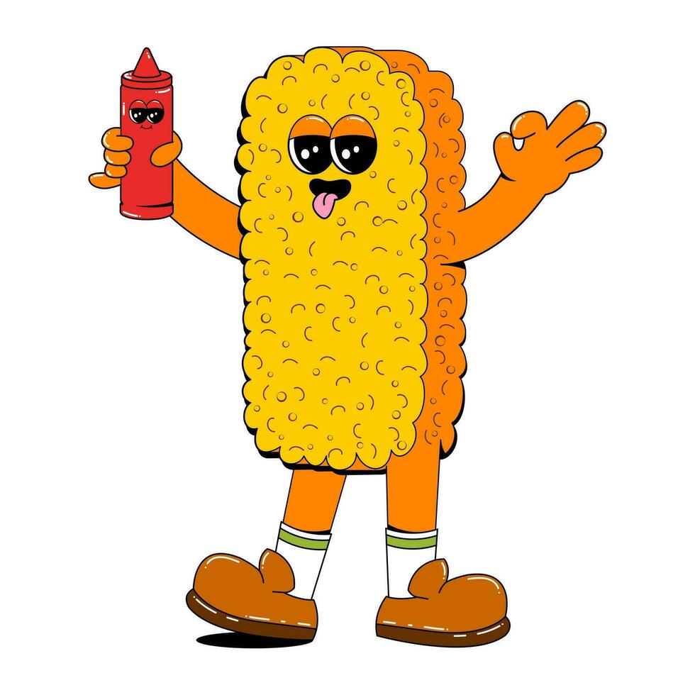 Nuggets character in retro cartoon style. Fast food vector illustration on white isolated background. Nugget with arms, legs and a cheerful face.