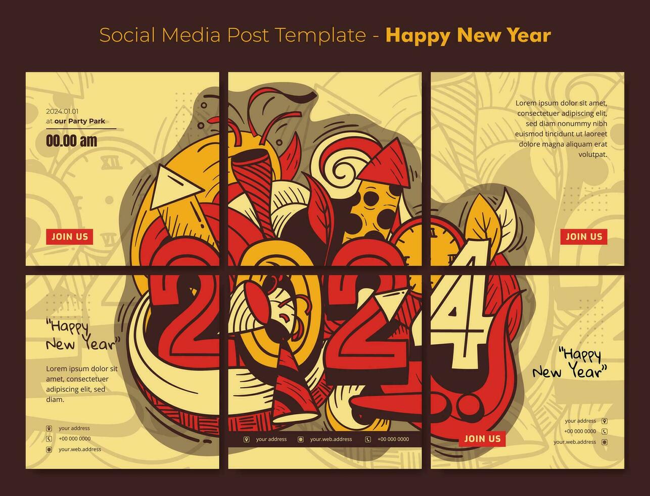 Social media post template with typography number of 2024 and doodle art for new year party design vector