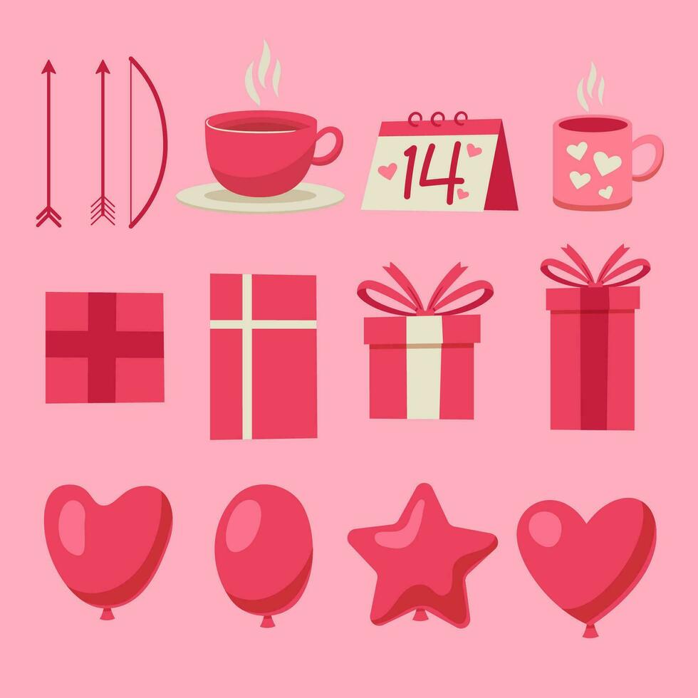 Set of items for valentine day in cartoon flat design style vector