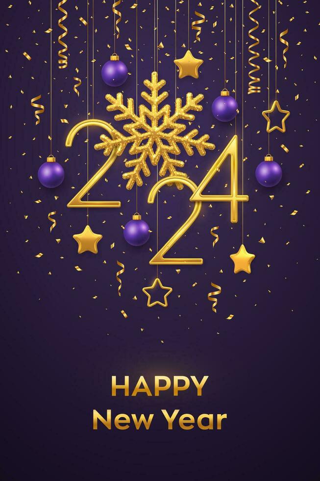 Happy New Year 2024. Hanging Golden metallic numbers 2024 with shining snowflake and confetti on purple background. New Year greeting card or banner template. Holiday decoration. Vector illustration.