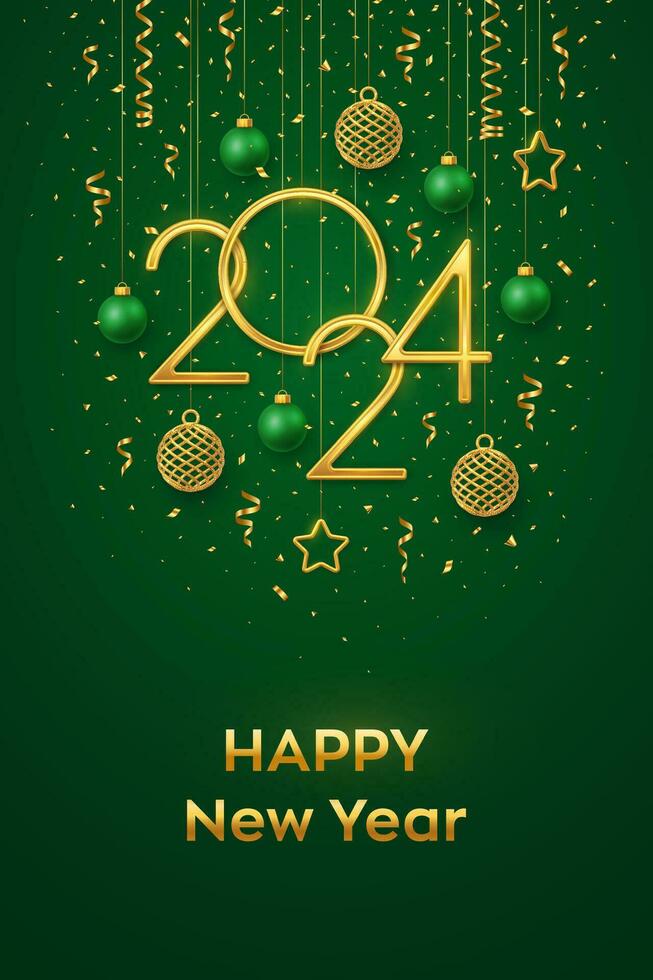 Happy New Year 2024. Hanging Golden metallic numbers 2024 with shining snowflake and confetti on green background. New Year greeting card or banner template. Holiday decoration. Vector illustration.