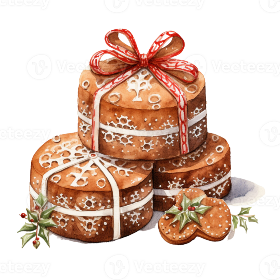 AI generated AI Generative Christmas holiday gingerbread cookies with cinnamon, with ribbon and bow. Christmas winter holiday homemade pastry, sweet cake. Watercolor style, for winter menu, cafeteria png
