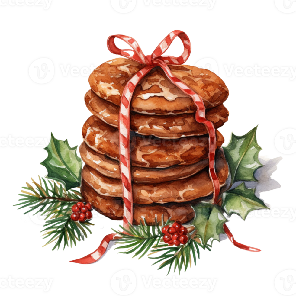 AI generated AI Generative Christmas holiday gingerbread cookies with cinnamon, with ribbon and bow. Christmas winter holiday homemade pastry, sweet cake. Watercolor style, for winter menu, cafeteria png