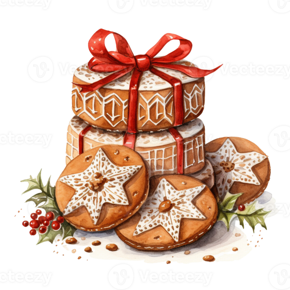 AI generated AI Generative Christmas holiday gingerbread cookies with cinnamon, with ribbon and bow. Christmas winter holiday homemade pastry, sweet cake. Watercolor style, for winter menu, cafeteria png