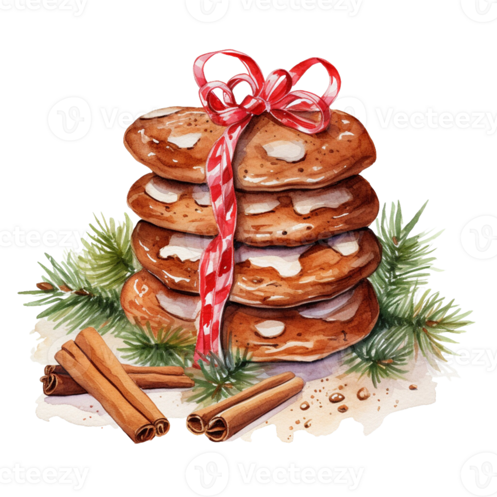 AI generated AI Generative Christmas holiday gingerbread cookies with cinnamon, with ribbon and bow. Christmas winter holiday homemade pastry, sweet cake. Watercolor style, for winter menu, cafeteria png
