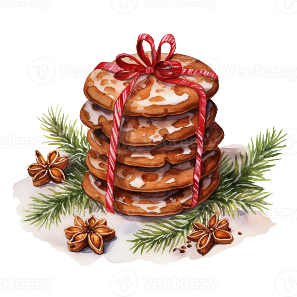 AI generated AI Generative Christmas holiday gingerbread cookies with cinnamon, with ribbon and bow. Christmas winter holiday homemade pastry, sweet cake. Watercolor style, for winter menu, cafeteria png