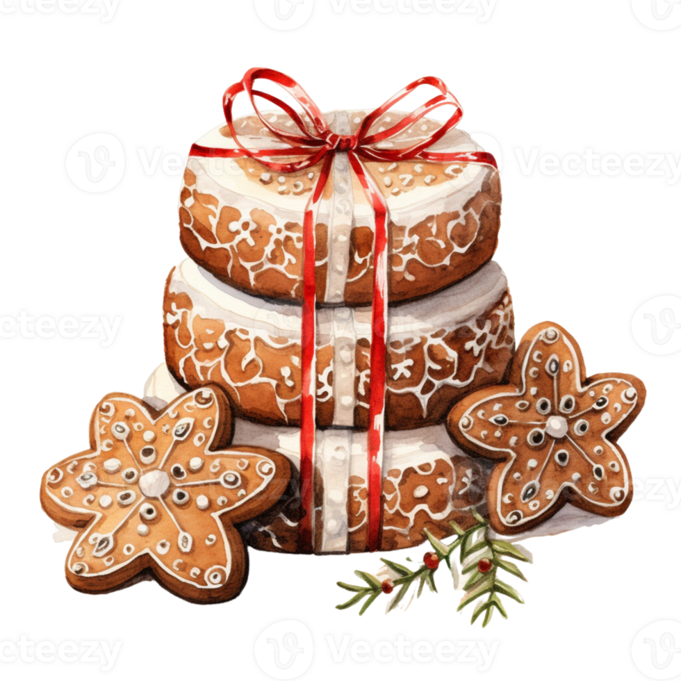AI generated AI Generative Christmas holiday gingerbread cookies with cinnamon, with ribbon and bow. Christmas winter holiday homemade pastry, sweet cake. Watercolor style, for winter menu, cafeteria png
