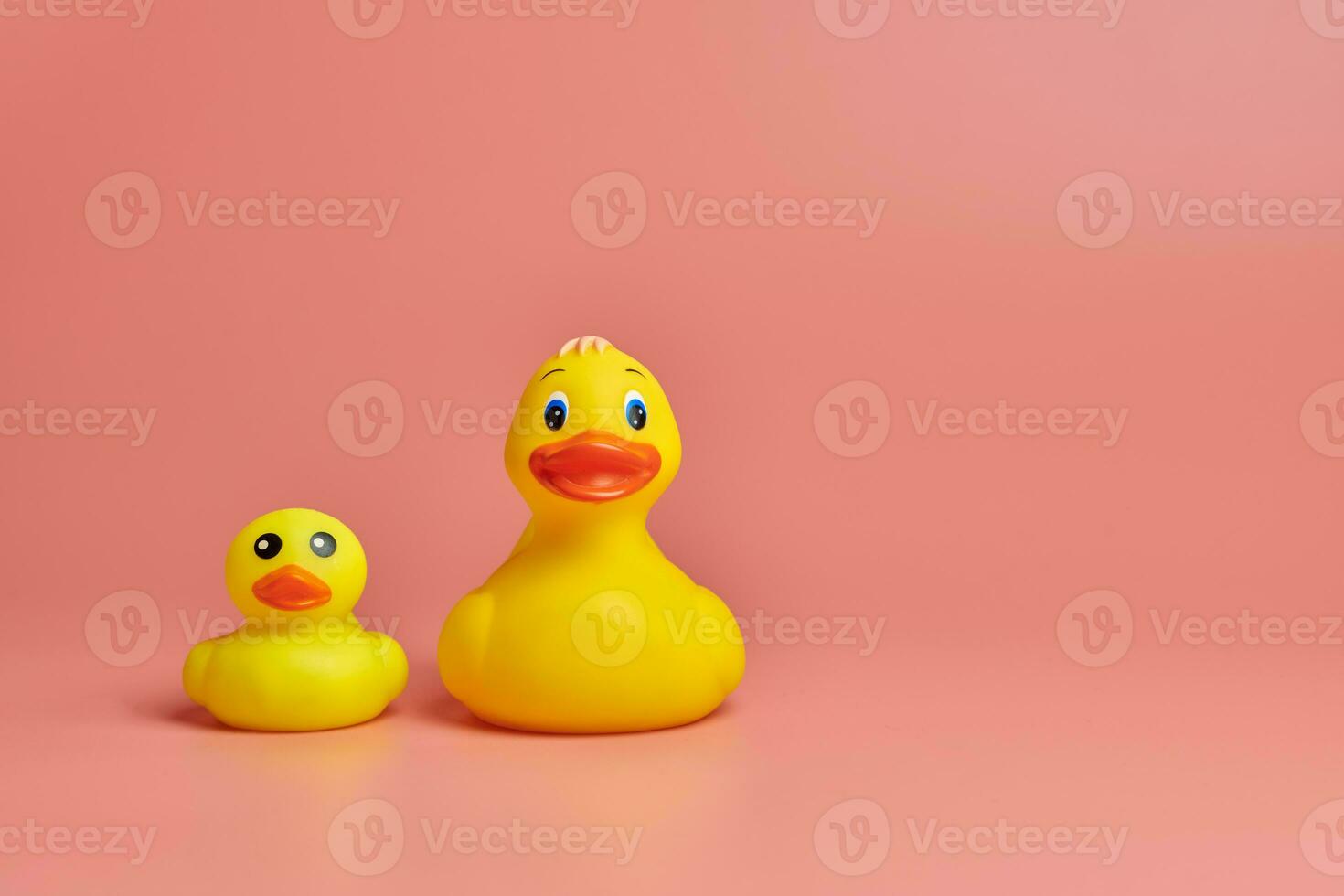 Two yellow rubber ducks toys, copy space. Cute funny bath toys, minimal kidult concept. Pink background. photo