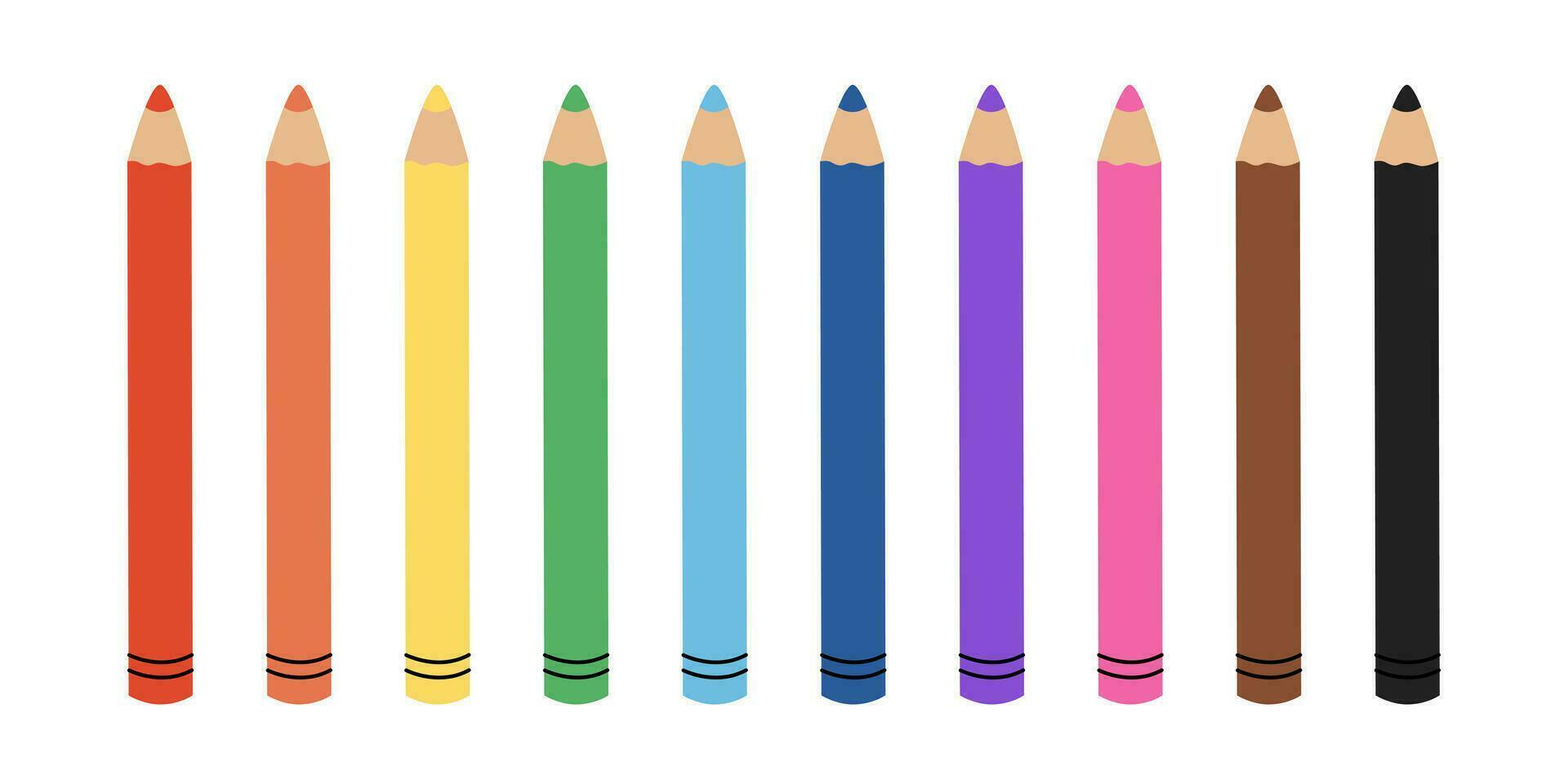 Set of colored pencils isolated on white background. Crayons in rainbow colors. Pencils for creativity. Vector flat illustration