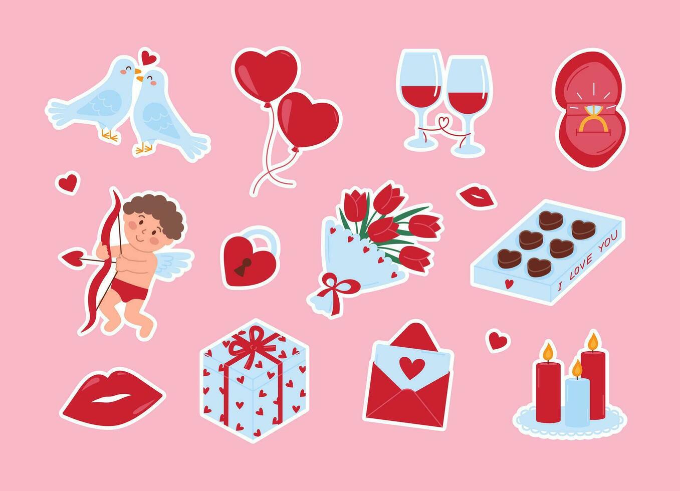 Cute romantic set of stickers for Valentine's Day. Doves, balloons, glasses of wine, ring, cupid, lock, bouquet, candies, lips, gift, envelope and candles. Love elements. Vector illustration on pink