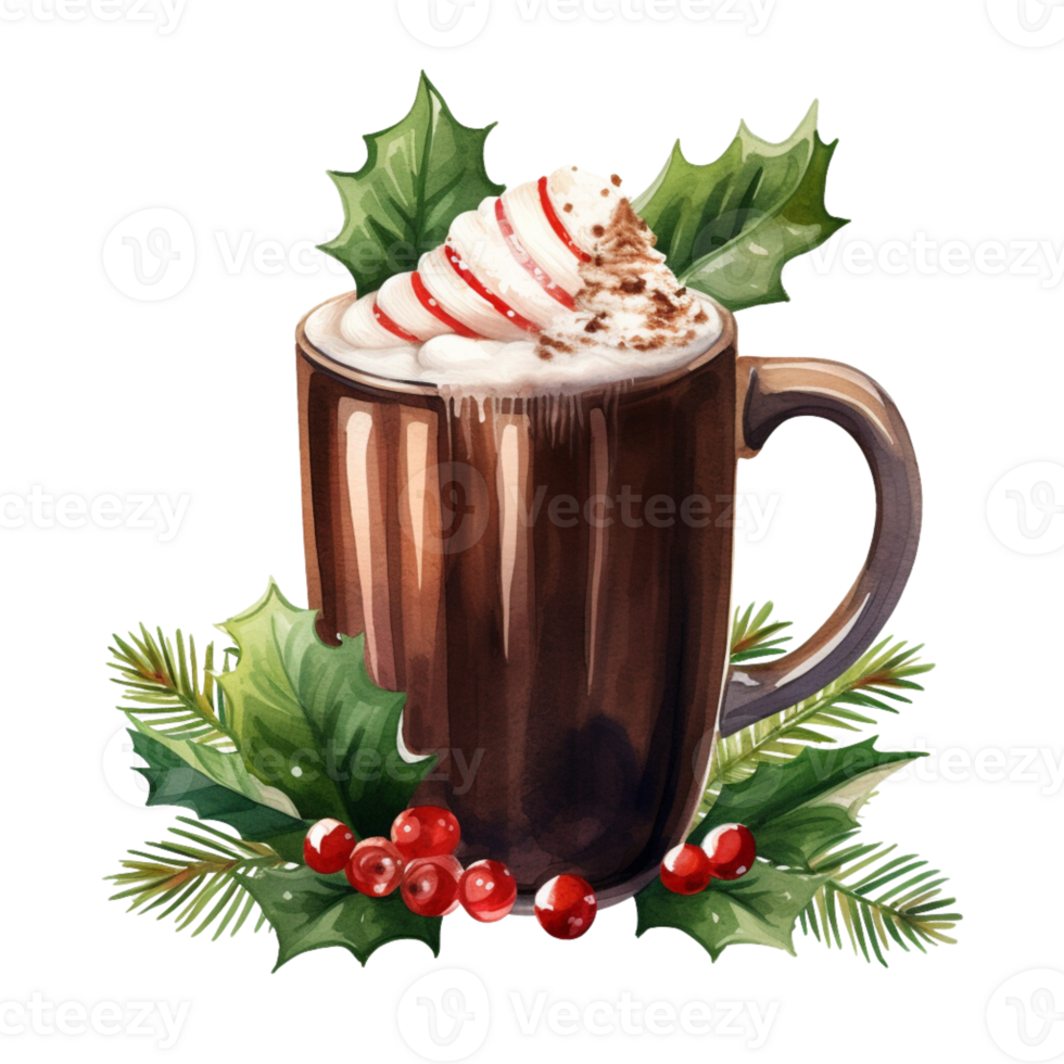AI generated AI Generative Christmas cup, mug with drink with cream and spices. Cocoa, coffee, cute winter hot drink with decorative elements, fir tree, mistletoe, cones, berries, needles. png