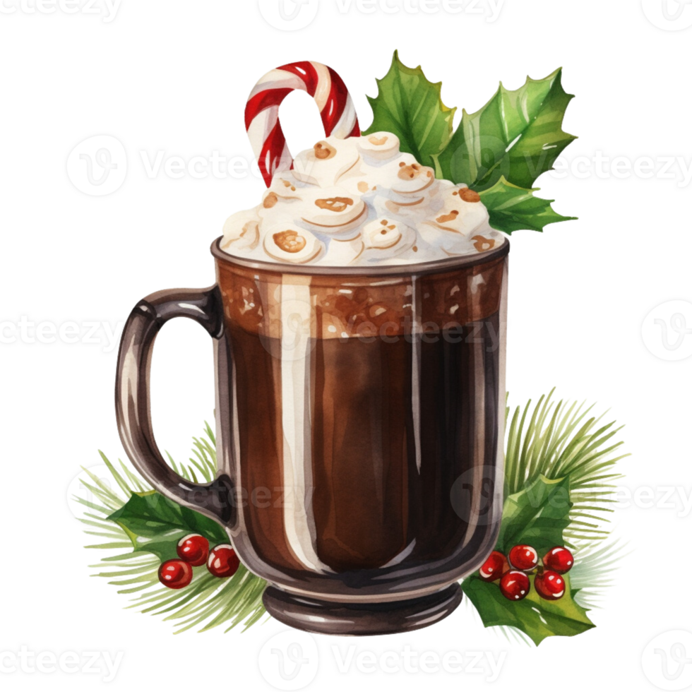 AI generated AI Generative Winter cacao, coffee, cute hot drink with decorative elements, fir tree, mistletoe, cones, berries, needles. Christmas composition. Watercolor design for cards png