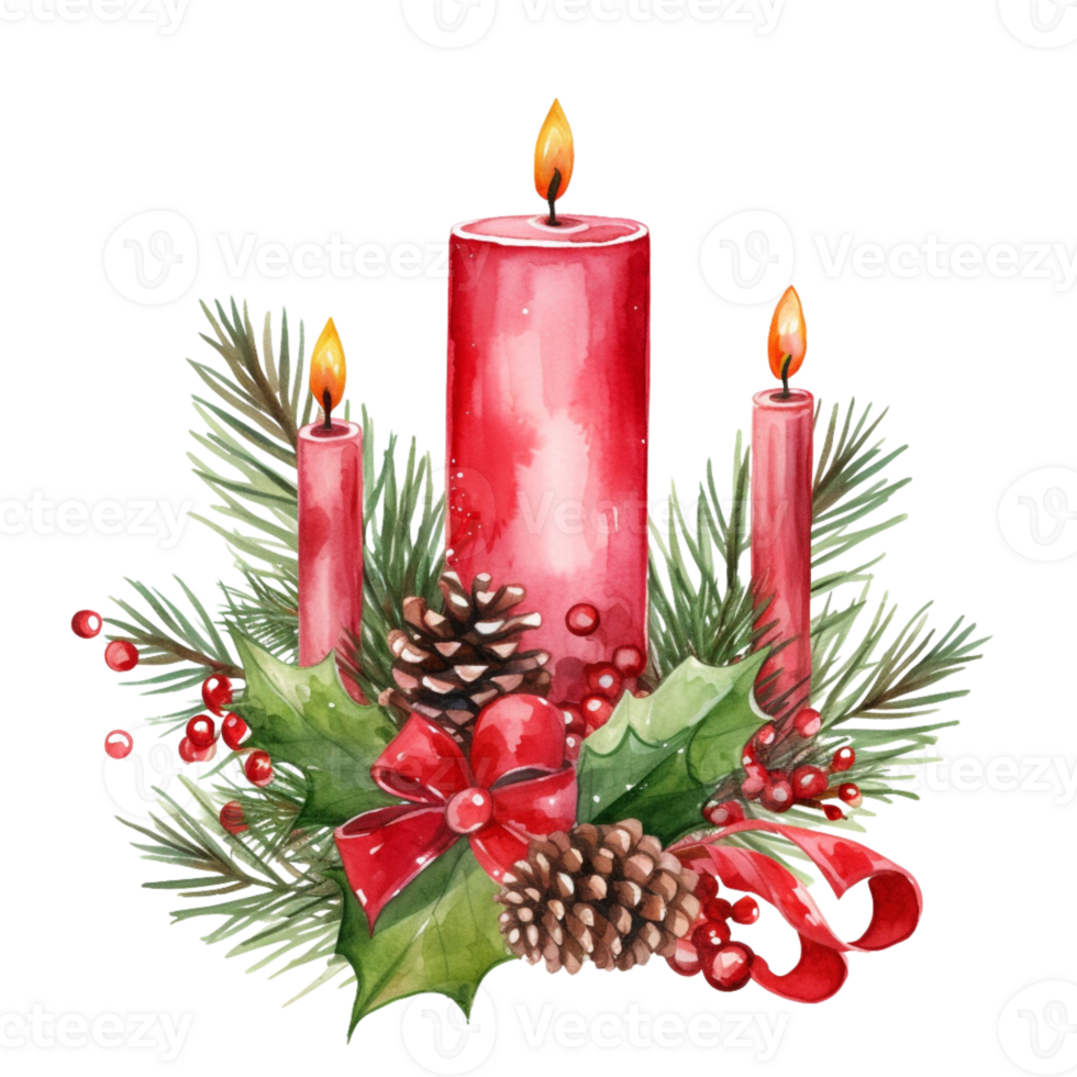 ai gegenereerd ai generatief Kerstmis krans met kaars en rood Kerstmis rood brandend kaarsen met Spar boom, bessen en winter vakantie decoratie. png