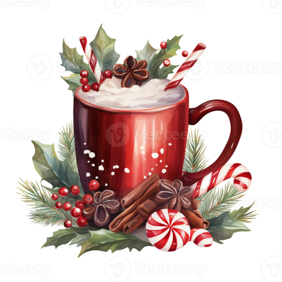 ai gegenereerd ai generatief waterverf winter beker, mok met drinken room en specerijen. cacao, koffie, schattig winter heet drinken met decoratief elementen, Spar boom, maretak, kegels, bessen, naalden. png