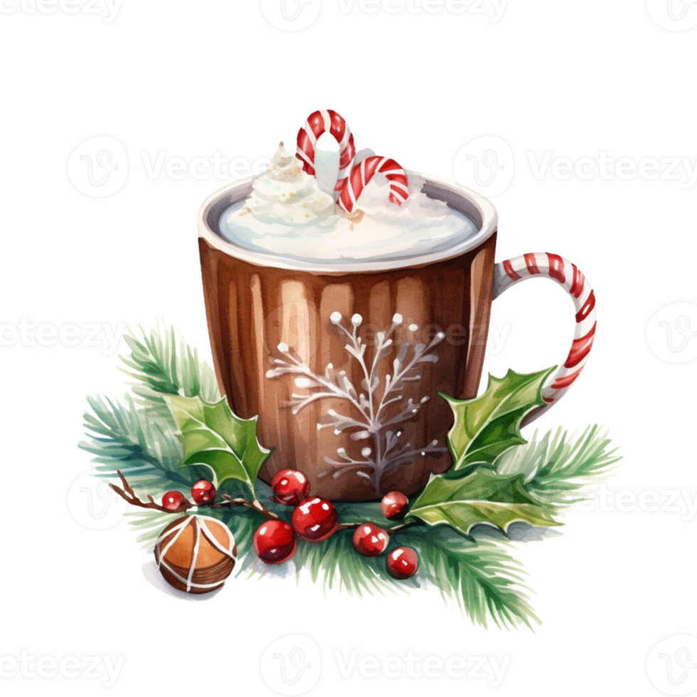 ai generado ai generativo Navidad taza, jarra con bebida con crema y especias cacao, café, linda invierno caliente bebida con decorativo elementos, abeto árbol, muérdago, conos, bayas, agujas png