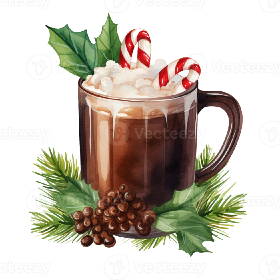 AI generated AI Generative Winter cacao, coffee, cute hot drink with decorative elements, fir tree, mistletoe, cones, berries, needles. Christmas composition. Watercolor design for cards png