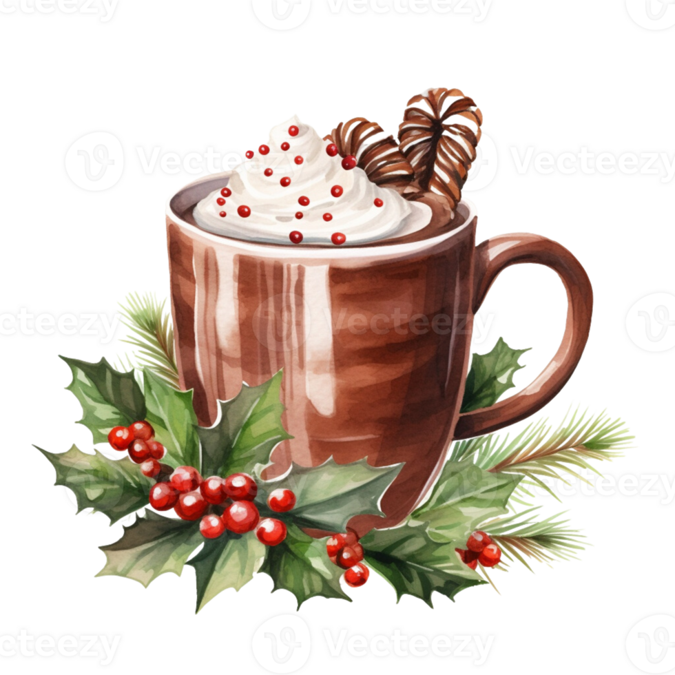 ai gegenereerd ai generatief waterverf winter beker, mok met drinken room en specerijen. cacao, koffie, schattig winter heet drinken met decoratief elementen, Spar boom, maretak, kegels, bessen, naalden. png