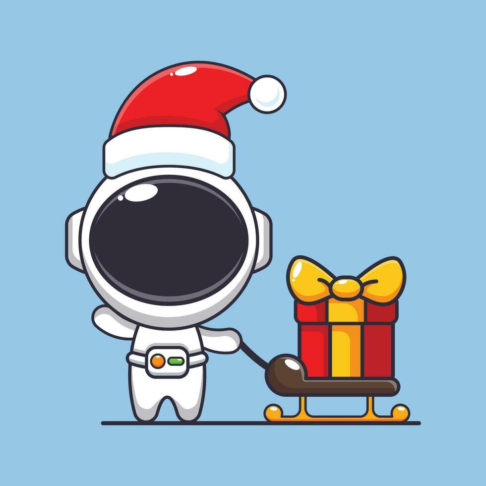 linda astronauta que lleva Navidad regalo caja. linda Navidad dibujos animados personaje ilustración. vector