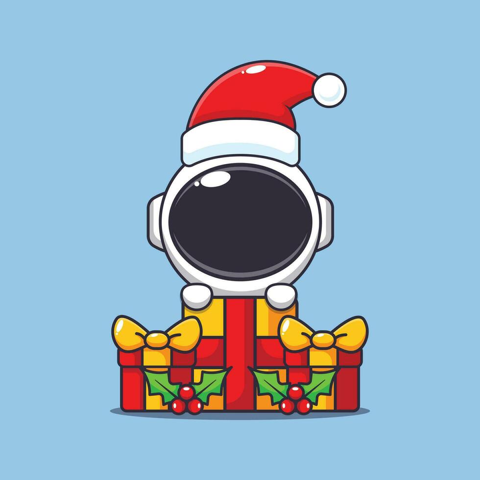 linda astronauta contento con Navidad regalo. linda Navidad dibujos animados personaje ilustración. vector