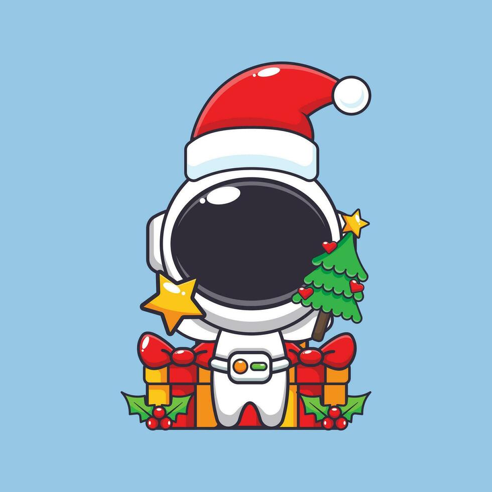 linda astronauta participación estrella y Navidad árbol. linda Navidad dibujos animados personaje ilustración. vector