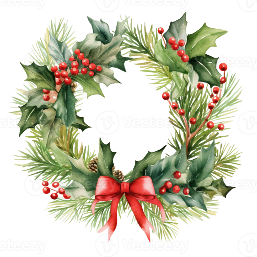 AI generated AI Generative Christmas holly berry wreath with mistletoe, cones, berries, needles, fir tree. Frame for Christmas holiday decoration, greeting cards, gift tags, invitation. png